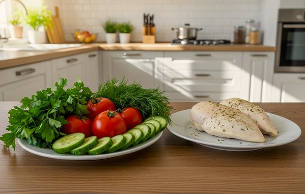 Свежие овощи и куриное филе на столе